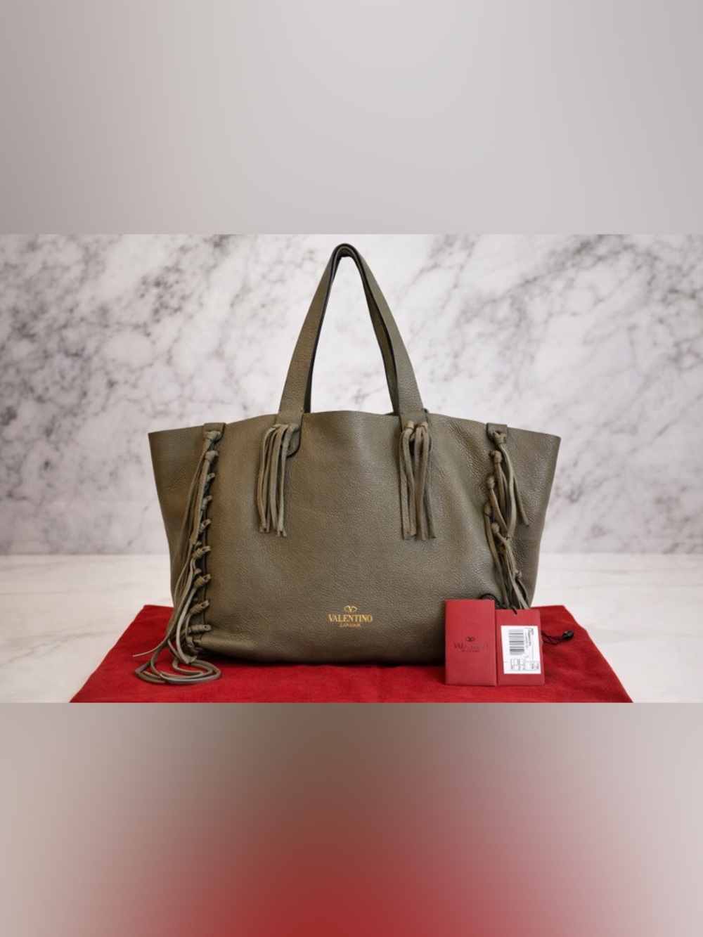 Valentino Garavani C-Rockee Leather Fringe Tote Bag Olive Green Large💚